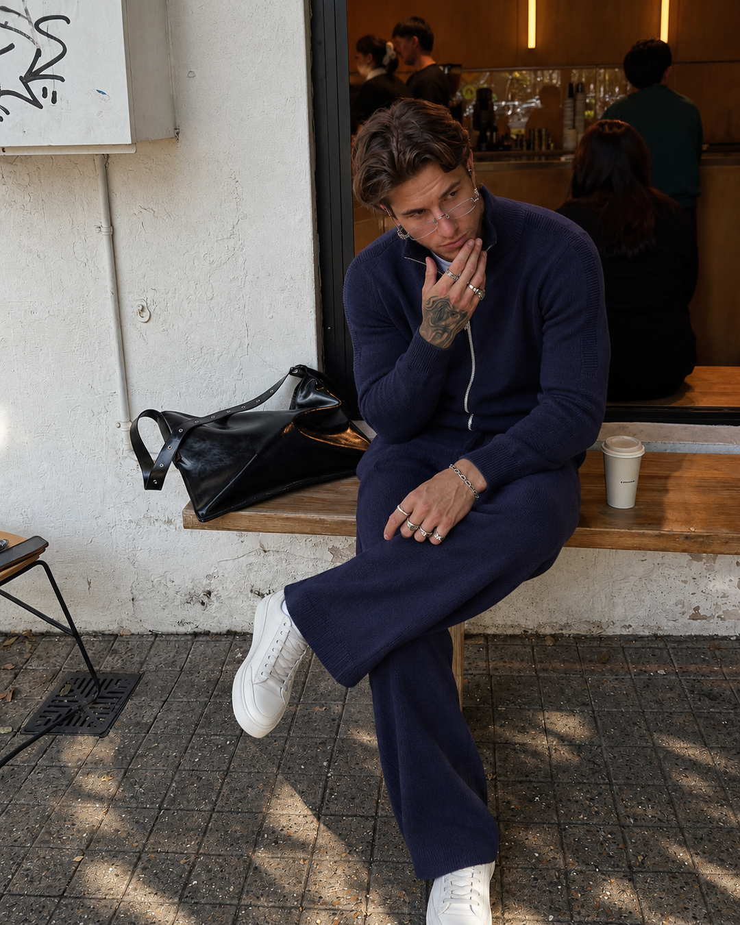 Ensemble En Maille Homme Col Montant Zippé Et Pantalon Droit