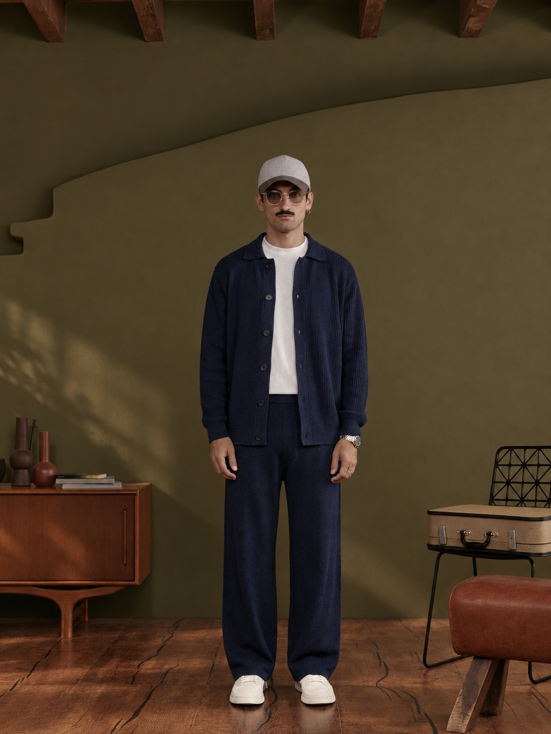 Ensemble Maille Homme Veste Boutonnée Col Côtelé Et Pantalon Droit