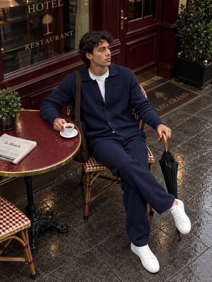 Ensemble Maille Homme Veste Boutonnée Col Côtelé Et Pantalon Droit