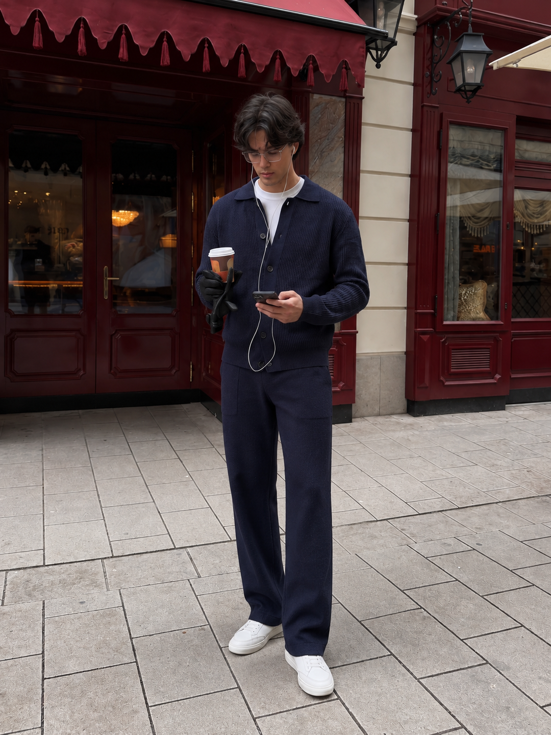 Ensemble Maille Homme Veste Boutonnée Col Côtelé Et Pantalon Droit