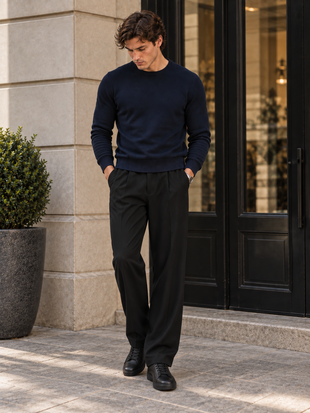 Pullover da uomo in maglia tinta unita con scollo rotondo e bordi a coste
