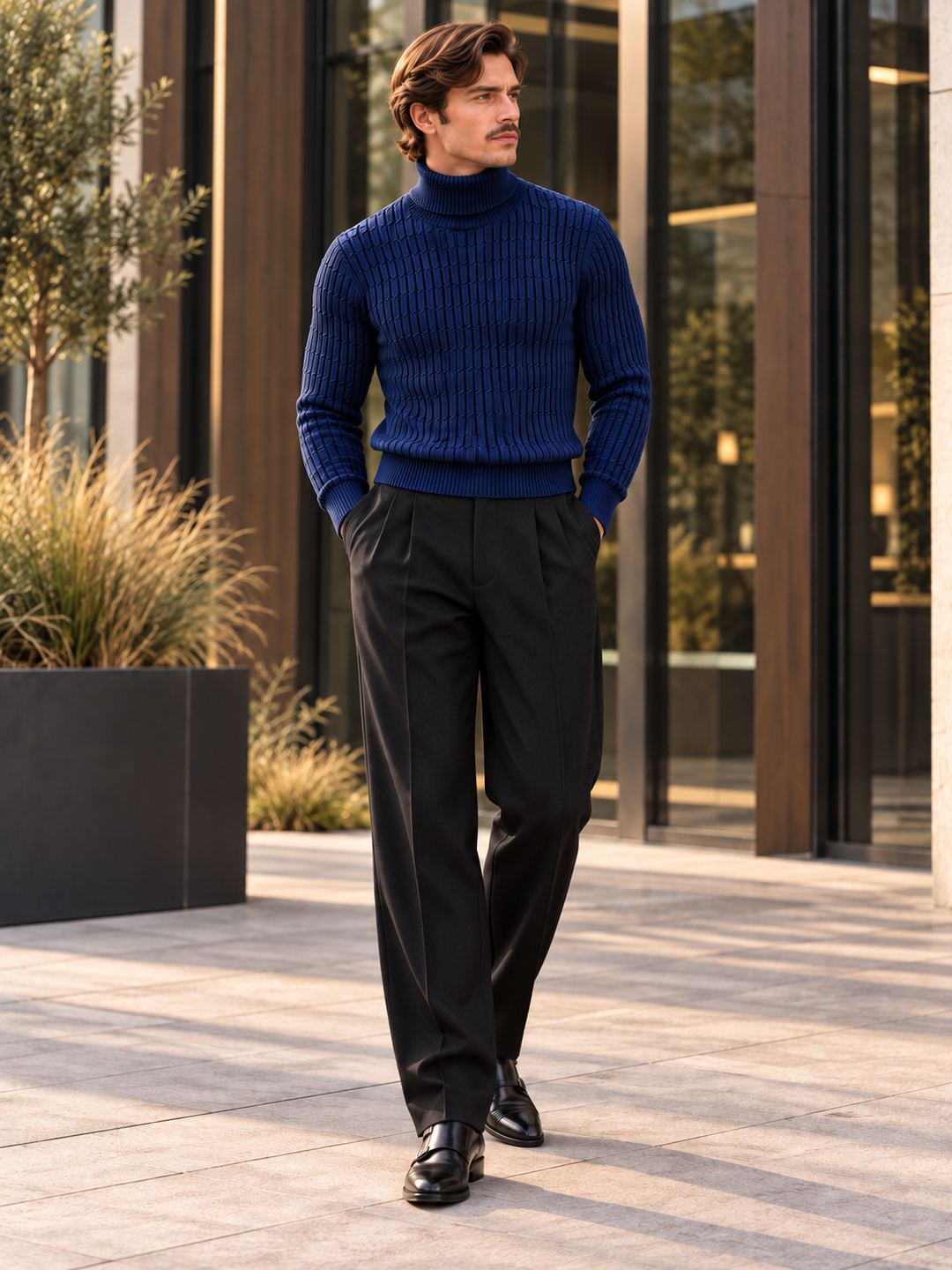 Pull Col Roulé Homme Côtes Verticales En Maille
