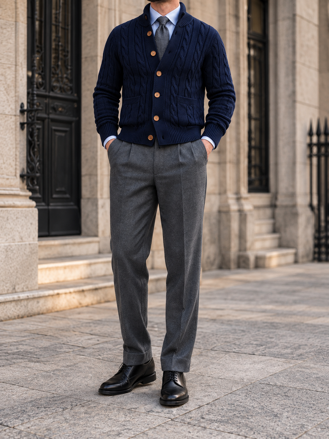 Cardigan Homme Maille Torsadée Boutonné Avec Petit Col Montant