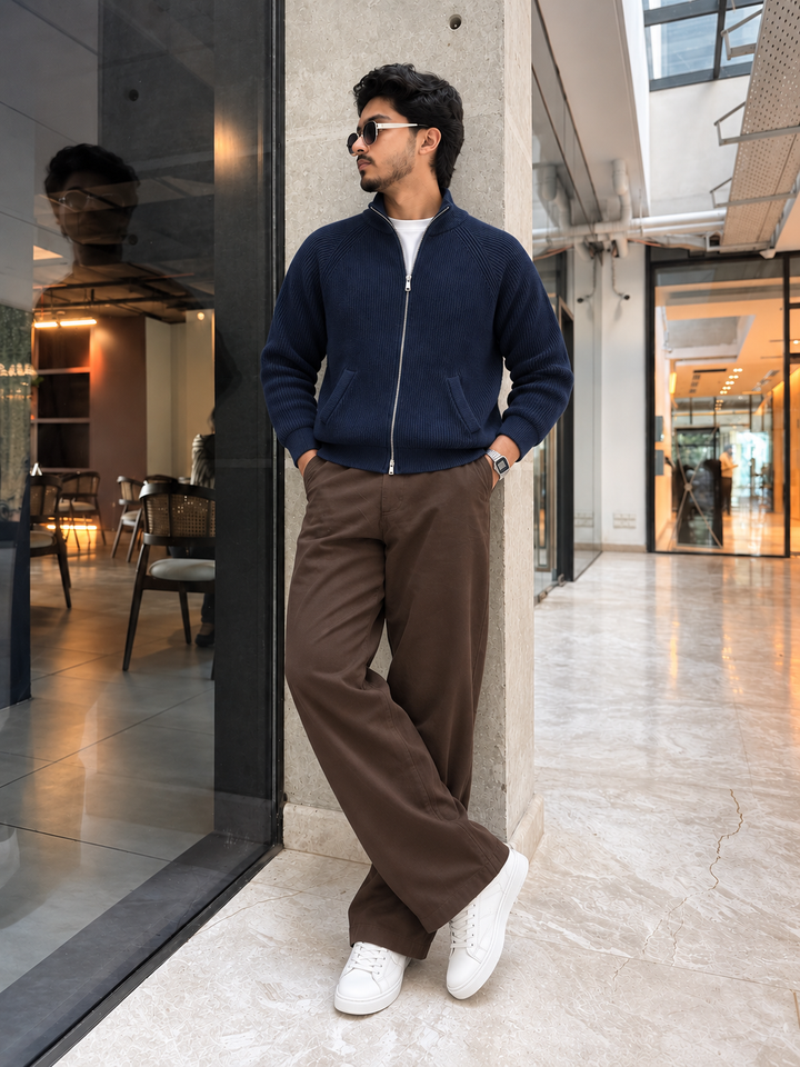Cardigan Homme Maille Zip Intégral Col Montant Et Bords Côtelés
