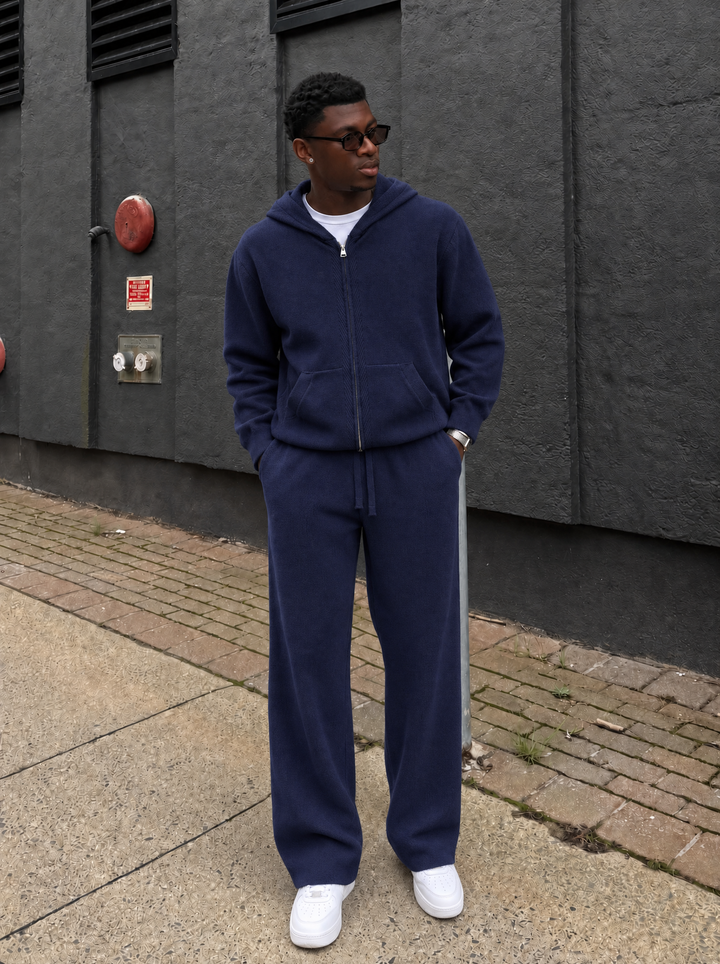 Ensemble Maille Homme Capuche Tricotée Zip Intégral Et Pantalon Droit