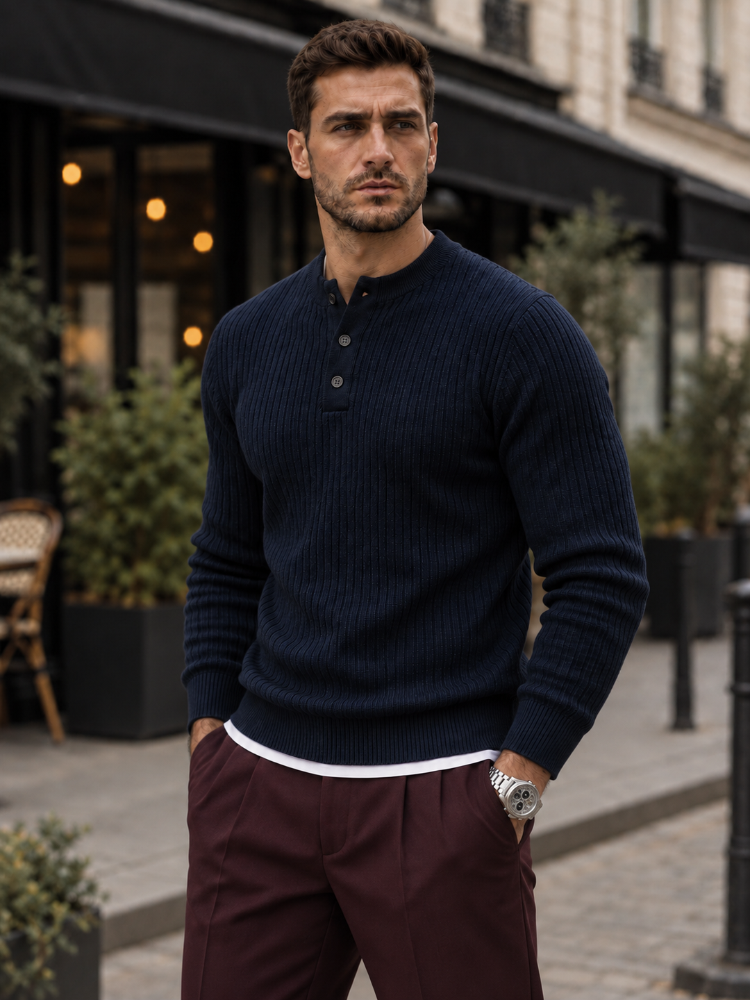 Maglione da uomo in maglia a coste con colletto abbottonato e maniche lunghe