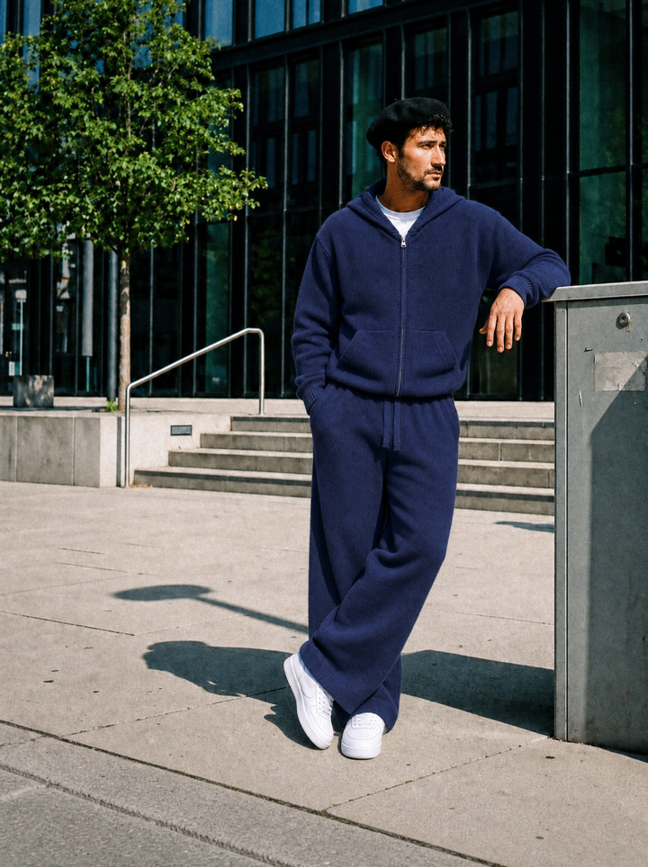 Ensemble Maille Homme Capuche Tricotée Zip Intégral Et Pantalon Droit