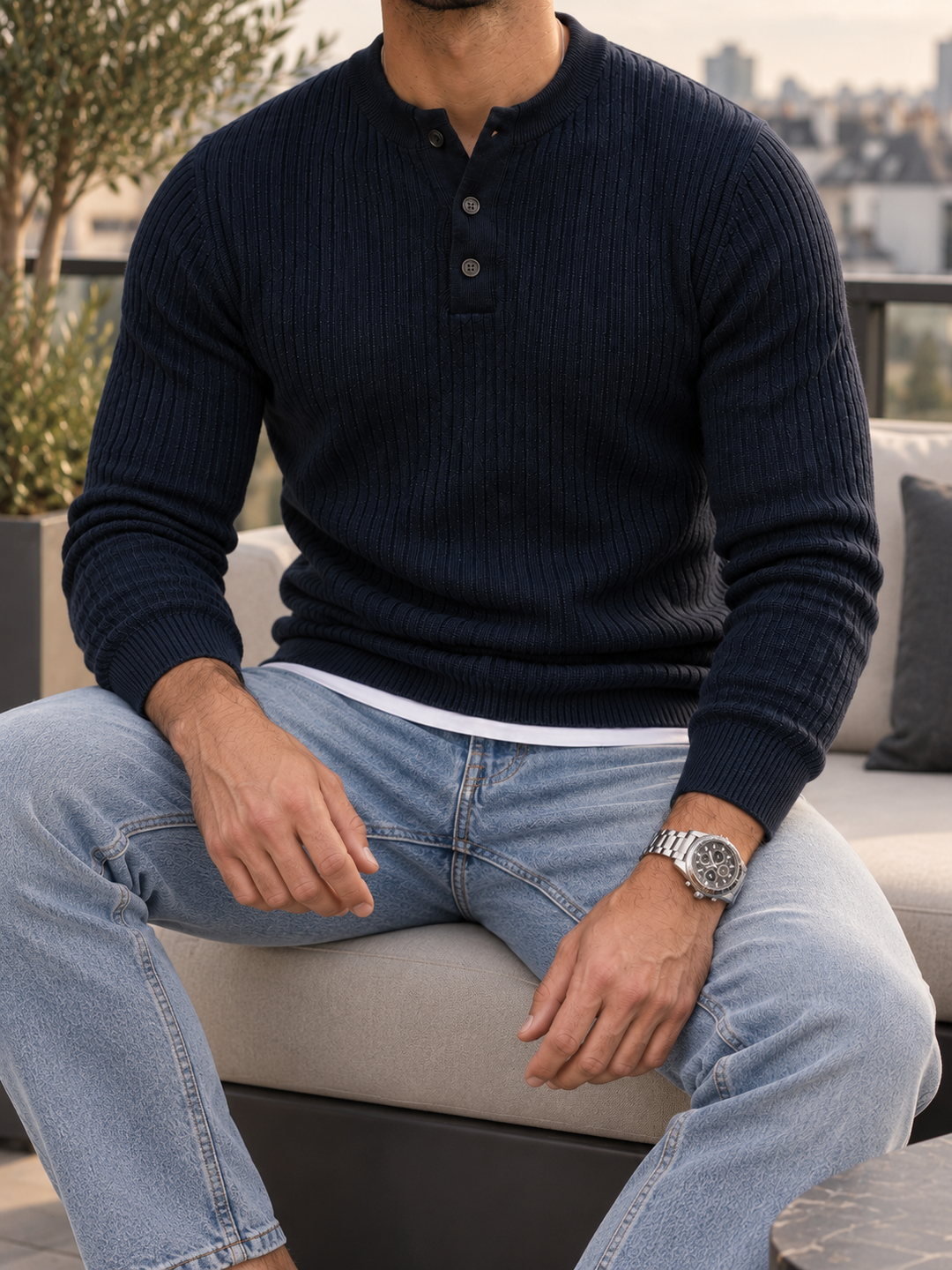 Maglione da uomo in maglia a coste con colletto abbottonato e maniche lunghe