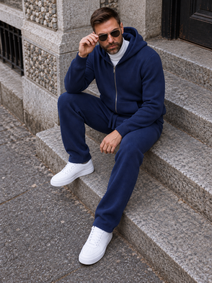 Ensemble Maille Homme Capuche Tricotée Zip Intégral Et Pantalon Droit