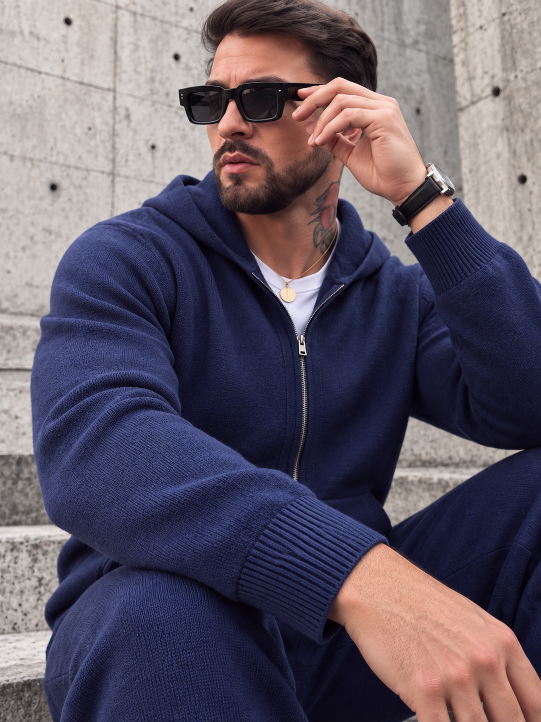 Ensemble Maille Homme Capuche Tricotée Zip Intégral Et Pantalon Droit