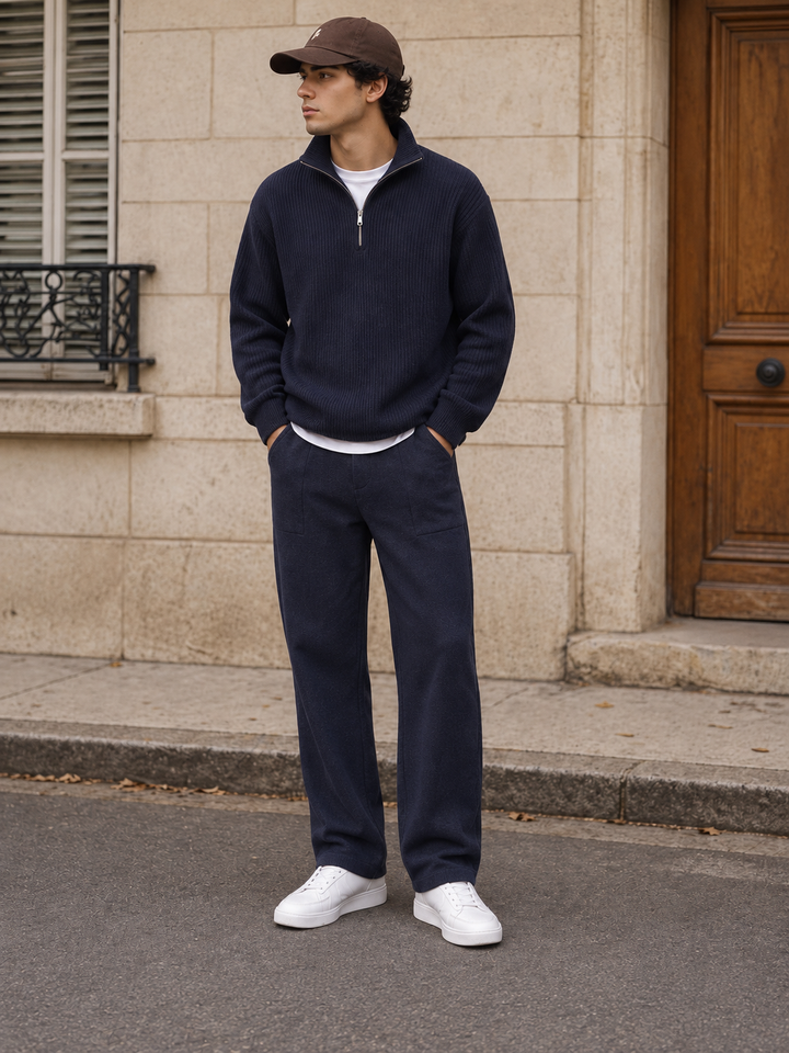 Ensemble En Maille Homme Demi Zip Col Montant Et Pantalon
