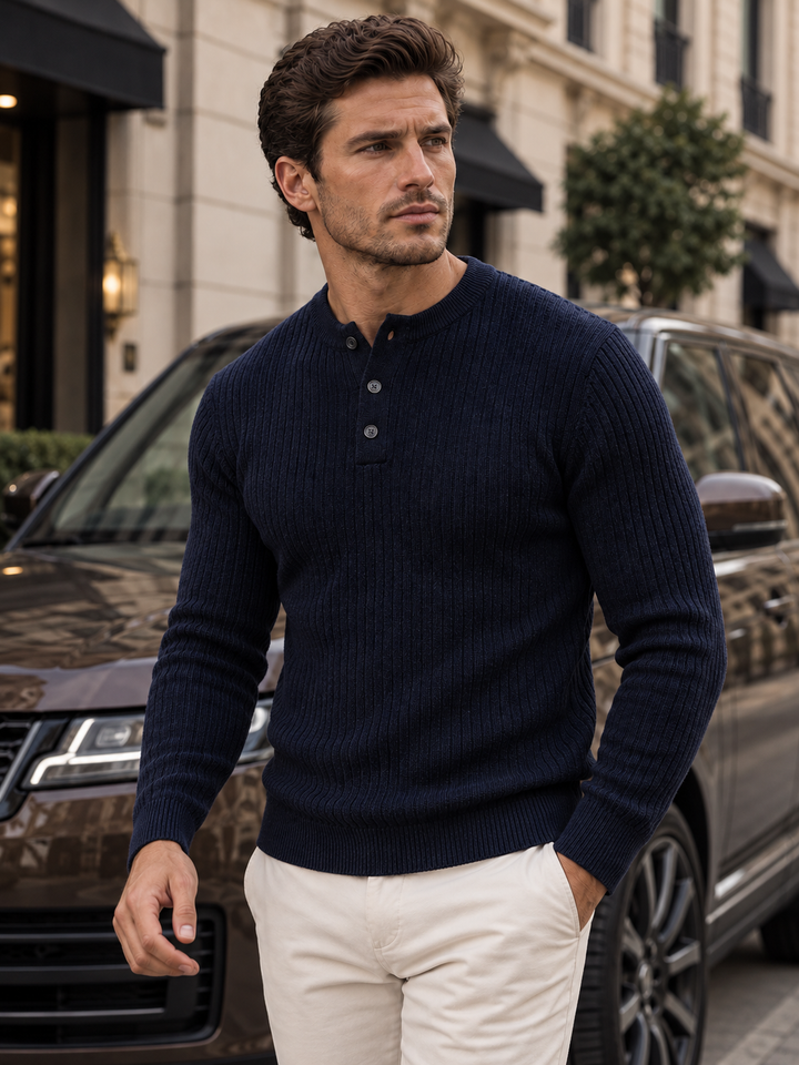 Maglione da uomo in maglia a coste con colletto abbottonato e maniche lunghe