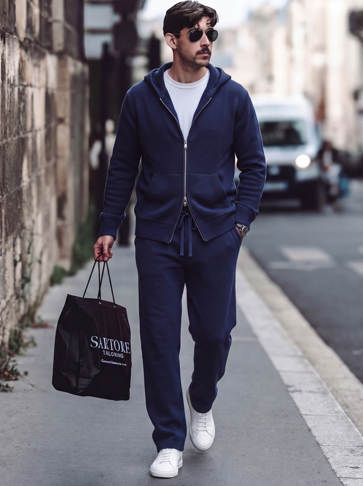 Ensemble Maille Homme Capuche Tricotée Zip Intégral Et Pantalon Droit
