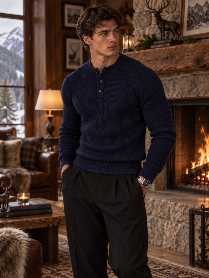 Maglione da uomo in maglia a coste con colletto abbottonato e maniche lunghe