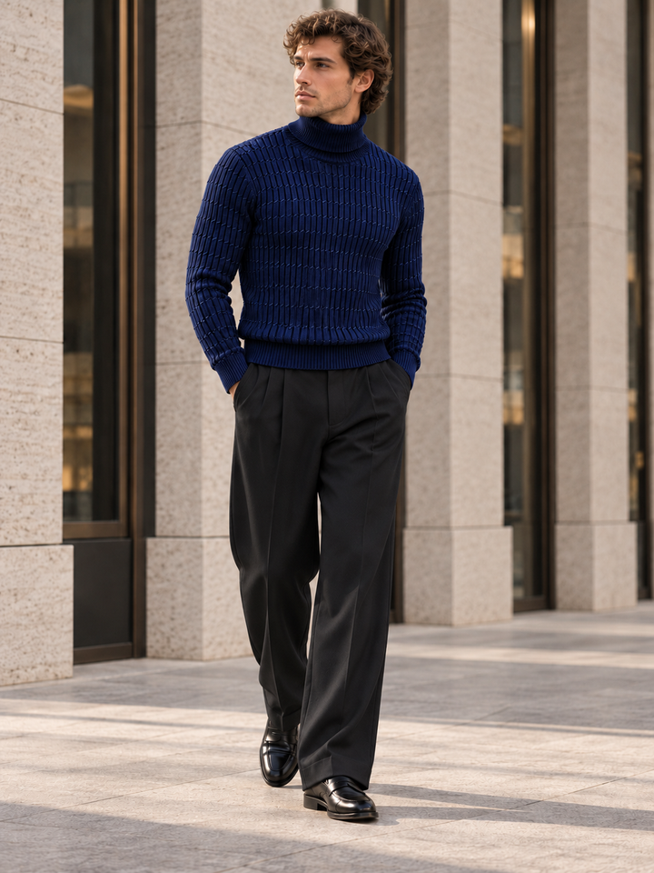 Pull Col Roulé Homme Côtes Verticales En Maille