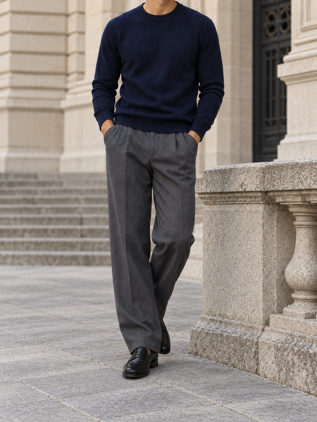 Pullover da uomo in maglia tinta unita con scollo rotondo e bordi a coste