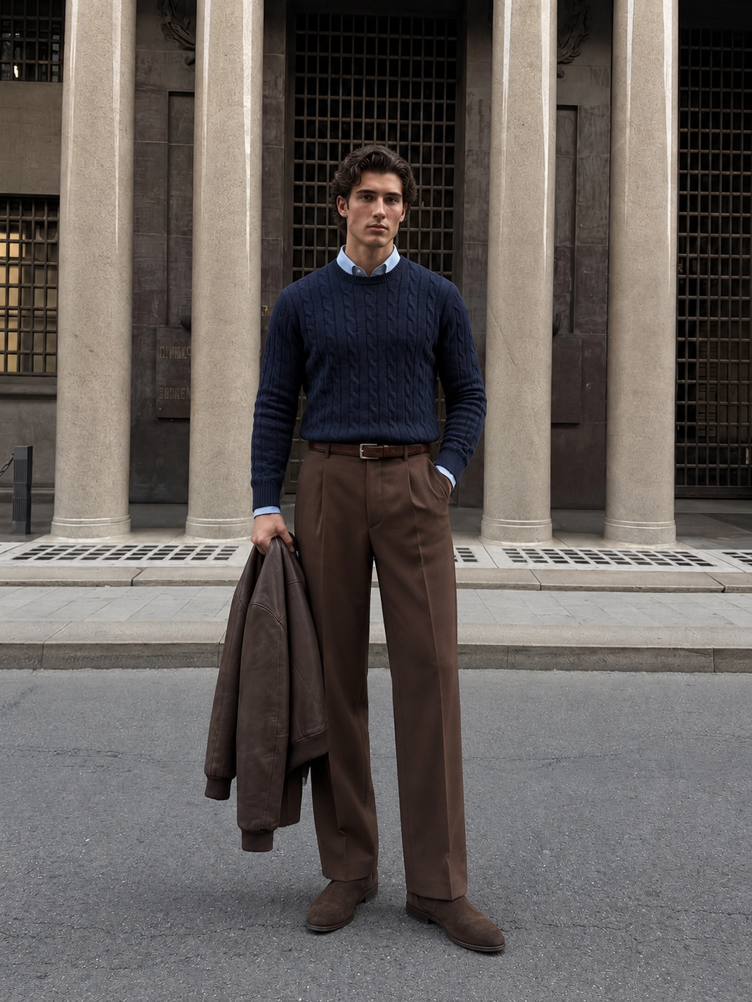 Maglione da uomo in maglia a trecce con girocollo e bordi a coste