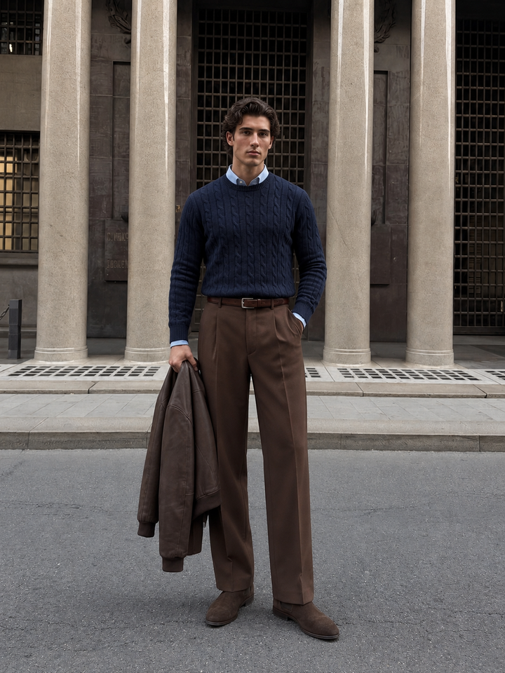 Maglione da uomo in maglia a trecce con girocollo e bordi a coste