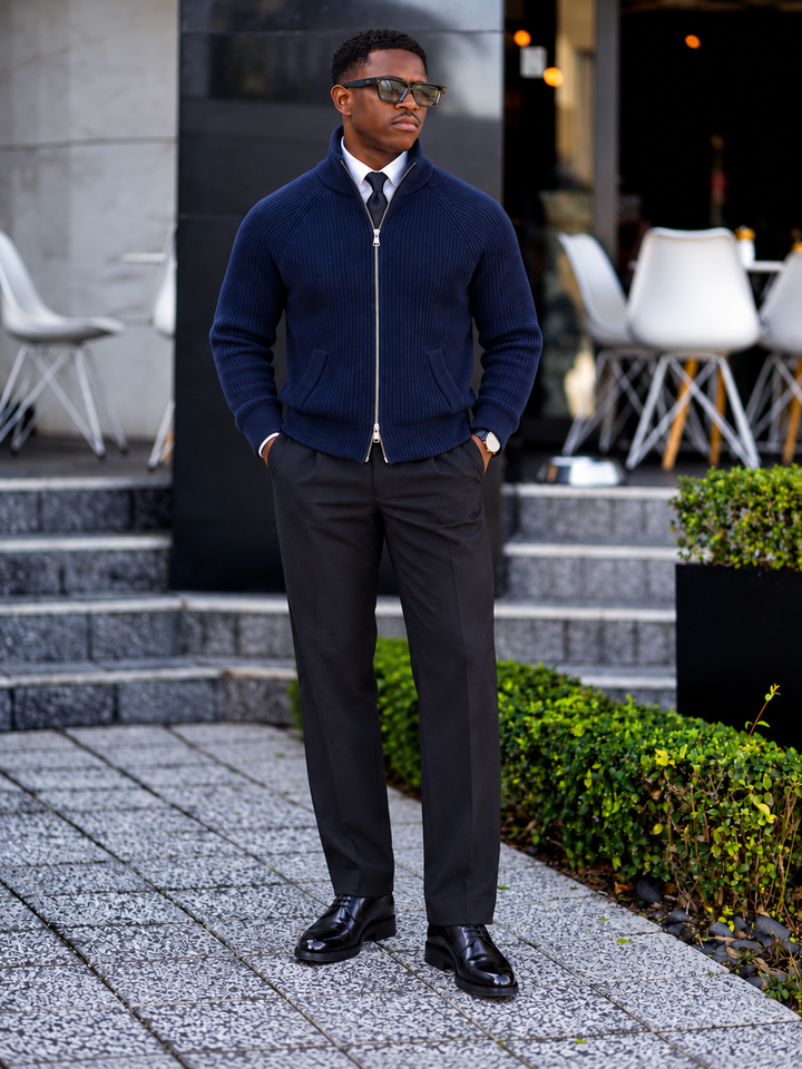 Cardigan Homme Maille Zip Intégral Col Montant Et Bords Côtelés