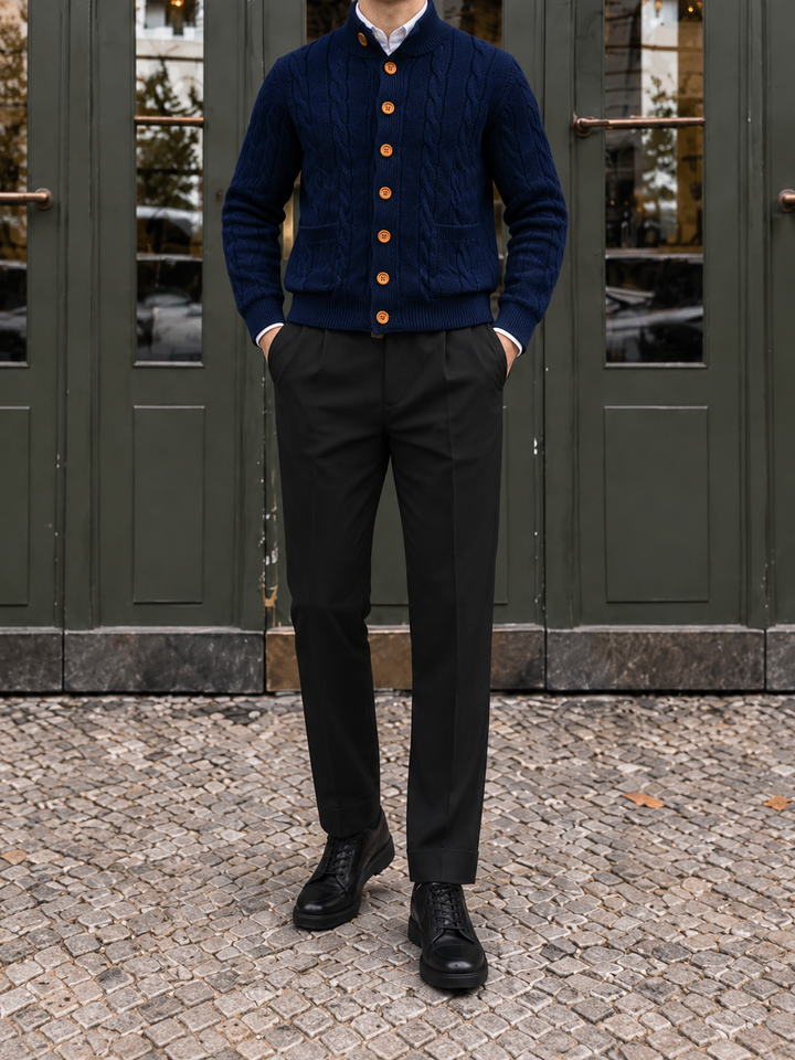 Cardigan Homme Maille Torsadée Boutonné Avec Petit Col Montant