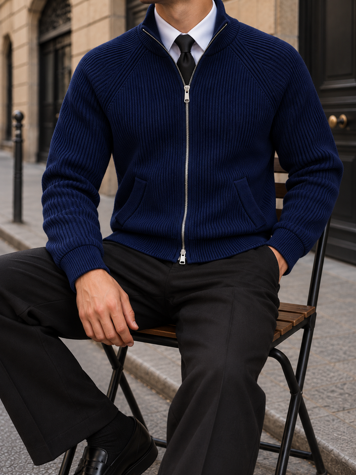 Cardigan Homme Maille Zip Intégral Col Montant Et Bords Côtelés