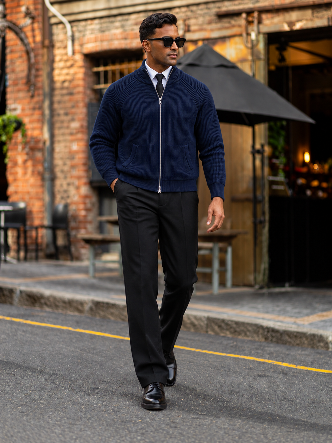 Cardigan Homme Maille Zip Intégral Col Montant Et Bords Côtelés