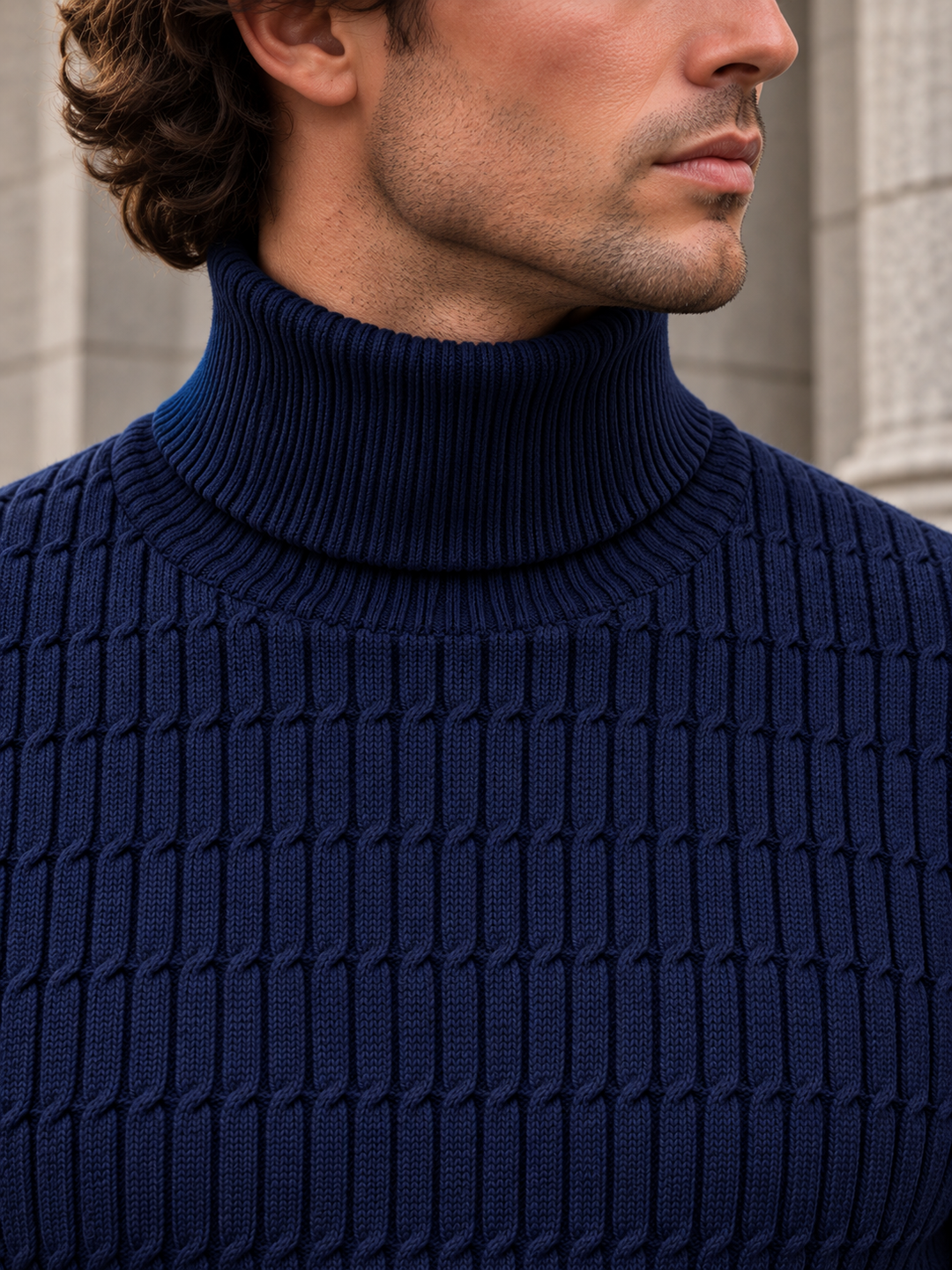 Pull Col Roulé Homme Côtes Verticales En Maille