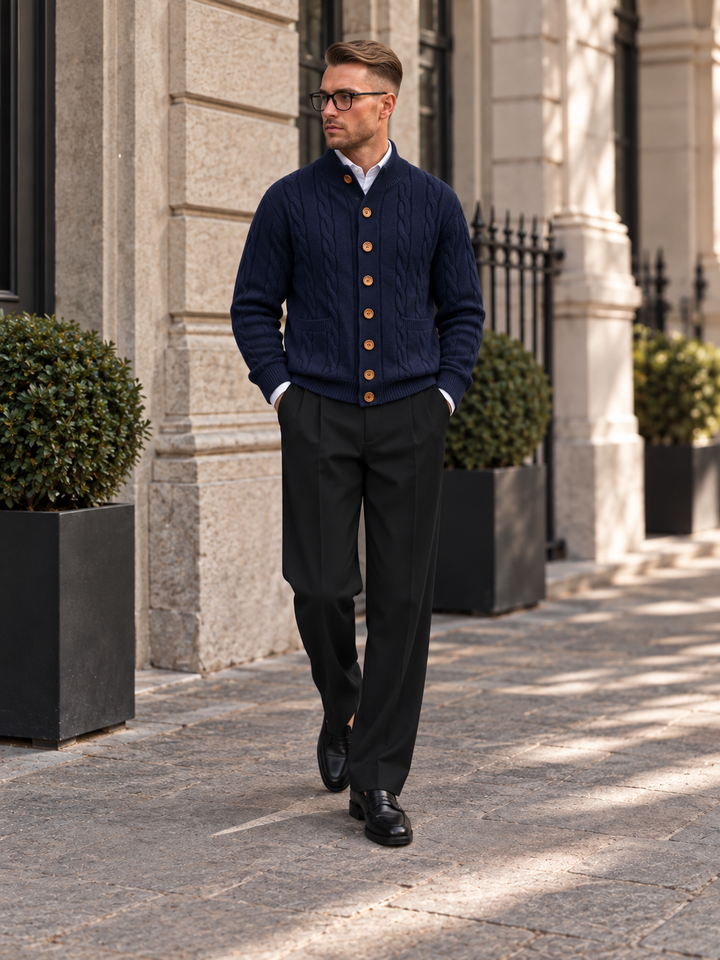 Cardigan Homme Maille Torsadée Boutonné Avec Petit Col Montant