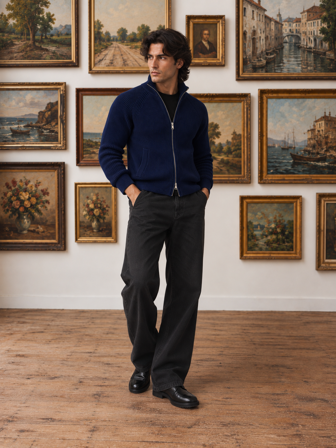 Cardigan Homme Maille Zip Intégral Col Montant Et Bords Côtelés