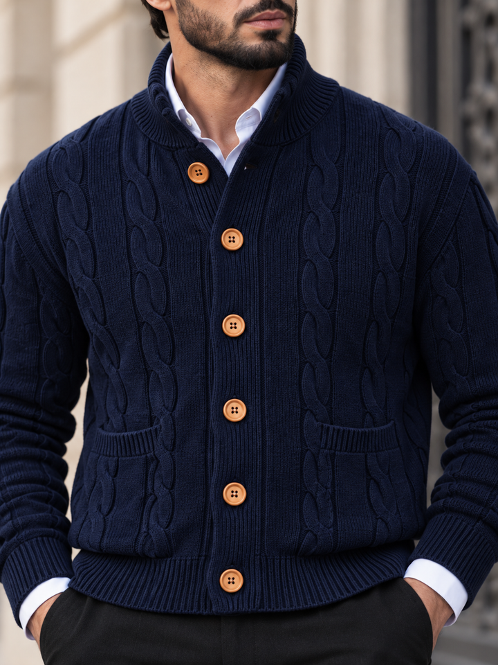 Cardigan Homme Maille Torsadée Boutonné Avec Petit Col Montant
