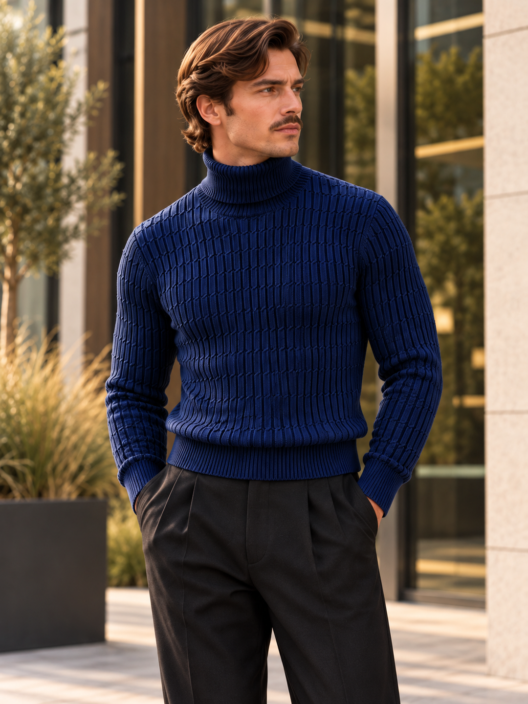 Pull Col Roulé Homme Côtes Verticales En Maille