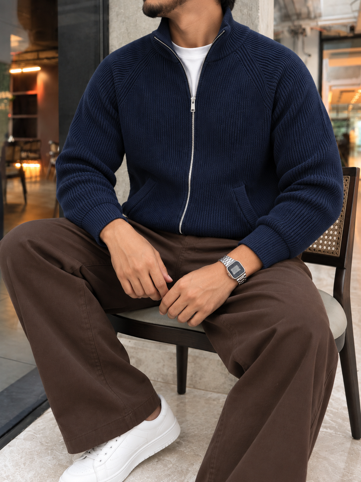 Cardigan Homme Maille Zip Intégral Col Montant Et Bords Côtelés