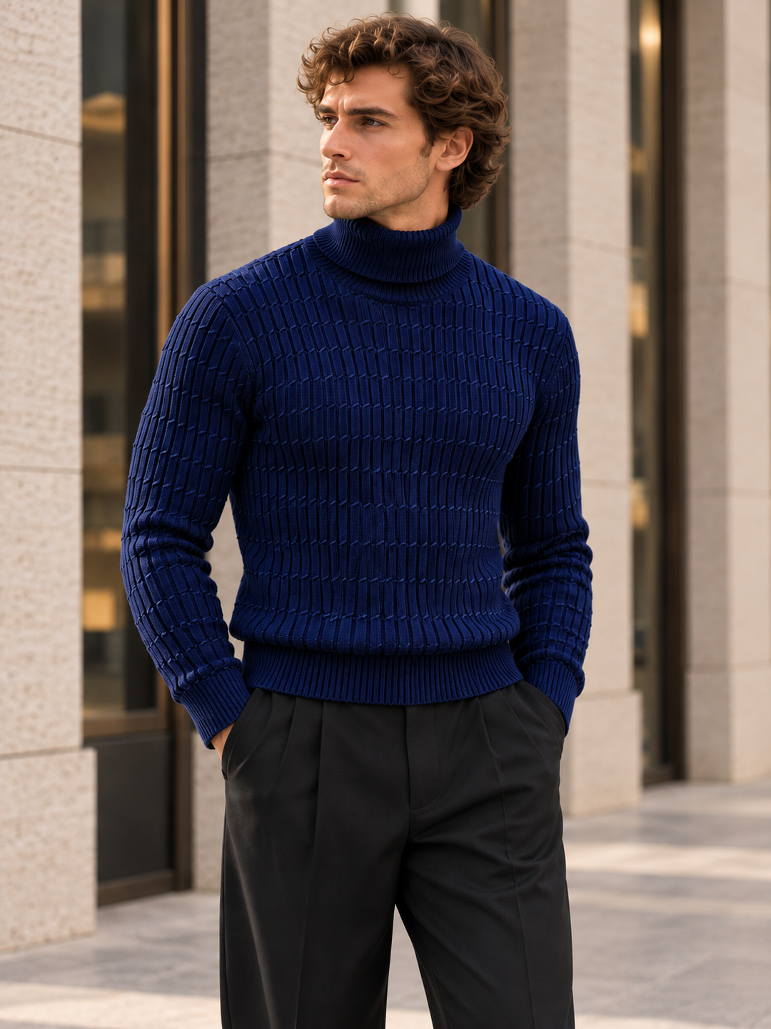 Pull Col Roulé Homme Côtes Verticales En Maille