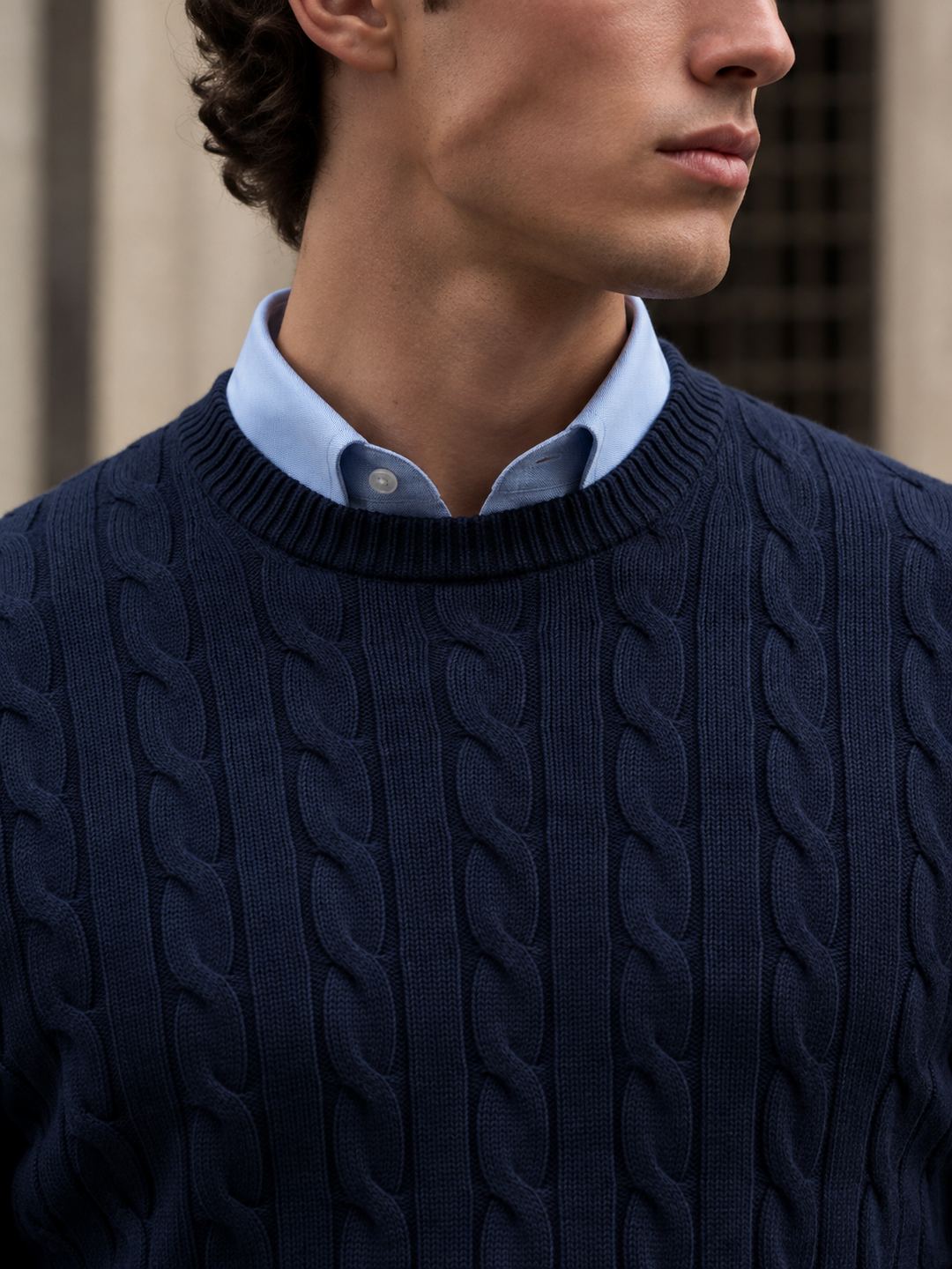 Maglione da uomo in maglia a trecce con girocollo e bordi a coste