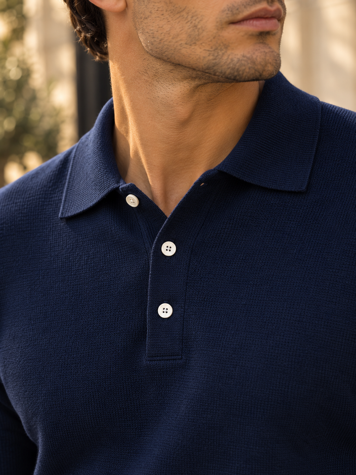 Herenpullover met polokraag van fijne brei, knoopsluiting en geribde boorden