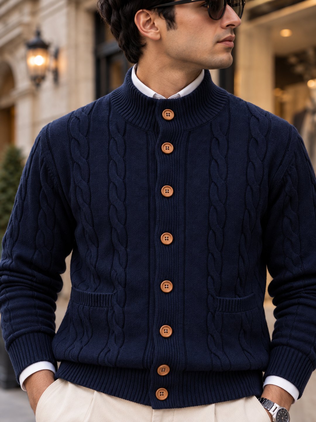 Cardigan Homme Maille Torsadée Boutonné Avec Petit Col Montant