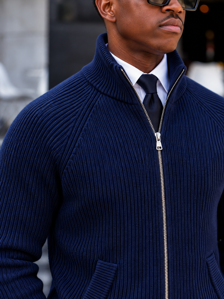 Cardigan Homme Maille Zip Intégral Col Montant Et Bords Côtelés