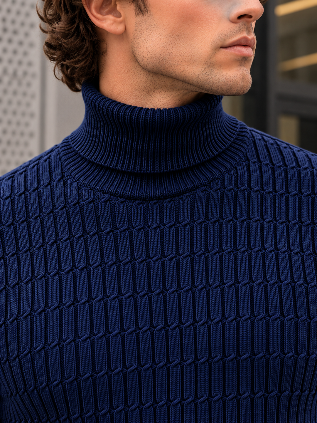 Pull Col Roulé Homme Côtes Verticales En Maille