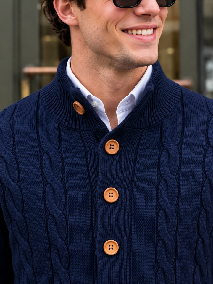 Cardigan Homme Maille Torsadée Boutonné Avec Petit Col Montant