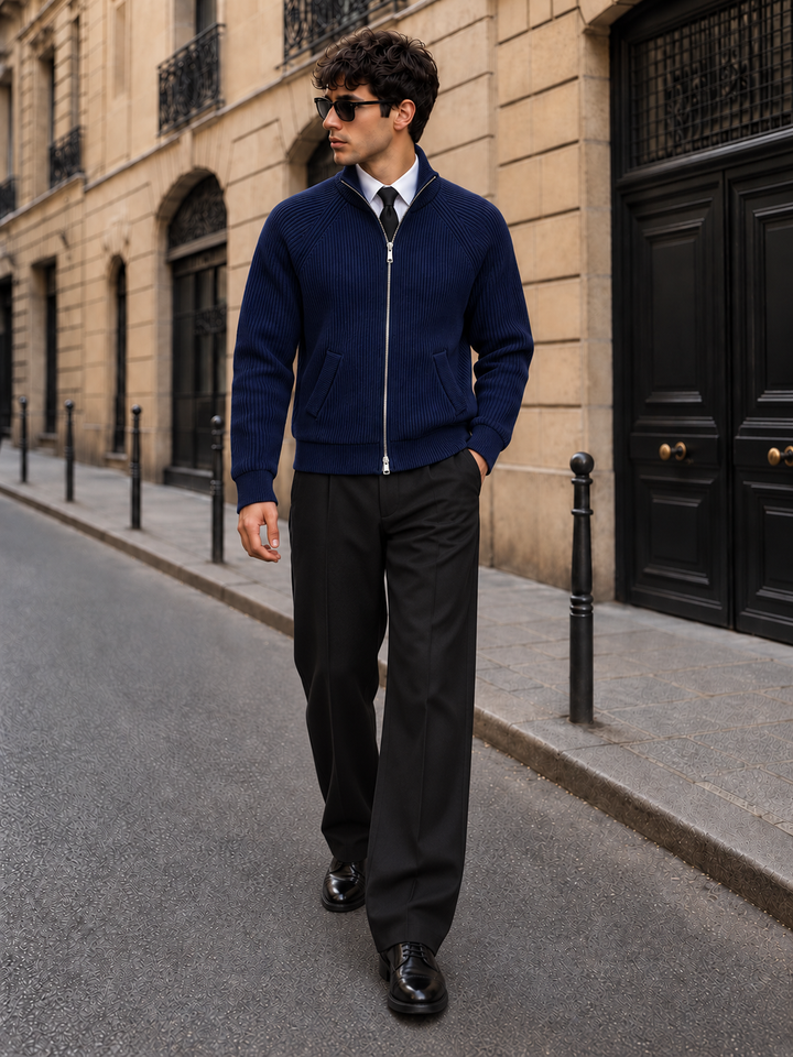 Cardigan Homme Maille Zip Intégral Col Montant Et Bords Côtelés