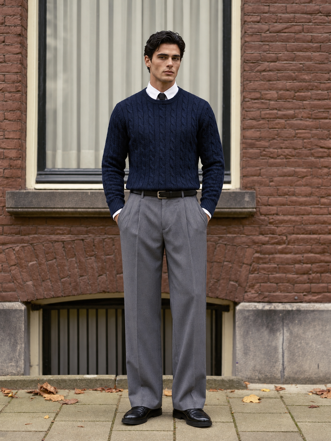Maglione da uomo in maglia a trecce con girocollo e bordi a coste