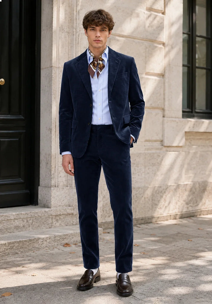 Slim fit-jakkesæt i to dele til mænd i fløjl med hakket revers og påsatte lommer