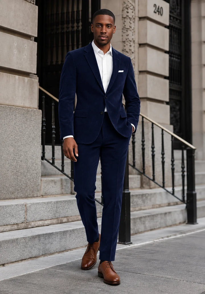 Completo da uomo in velluto slim fit a due pezzi con rever classico e giacca a due bottoni