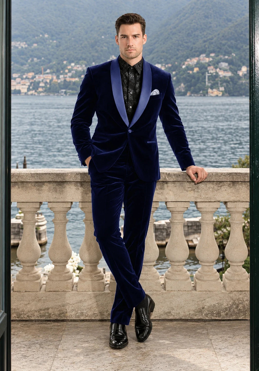 Costume Deux Pièces Homme Coupe Slim en Velours avec Col Châle en Satin et Un Bouton