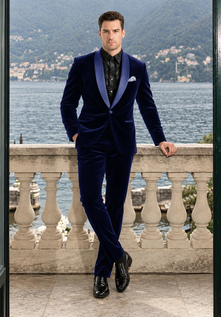 Costume Deux Pièces Homme Coupe Slim en Velours avec Col Châle en Satin et Un Bouton
