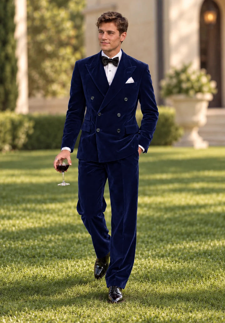 Completo da uomo in velluto regular fit a due pezzi con giacca doppiopetto e rever a lancia