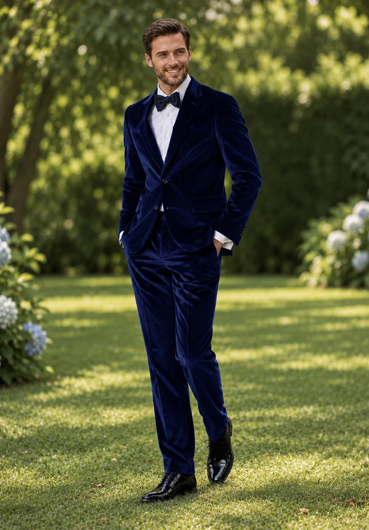Costume Deux Pièces Homme Coupe Slim en Velours avec Poches à Rabat et Veste Un Bouton