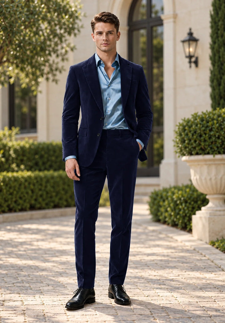 Abito da uomo a due pezzi regular fit in velluto con revers a dente e giacca a tre bottoni