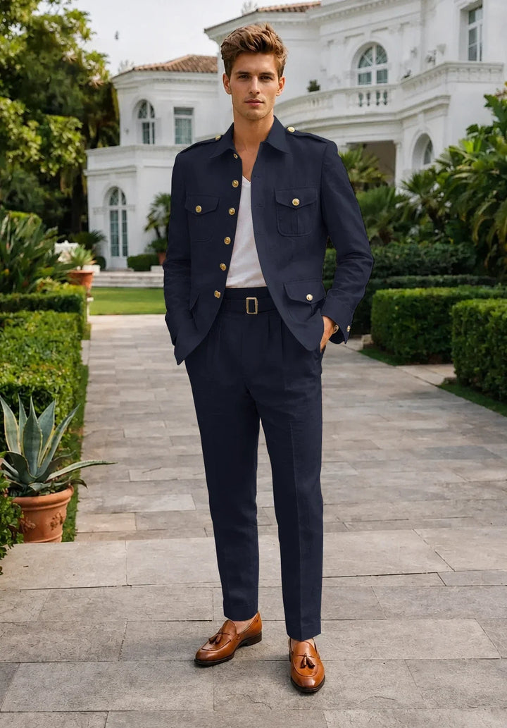 Costume Deux Pièces Homme Coupe Moderne en Mélange de Lin avec Veste Saharienne et Pantalon Plissé