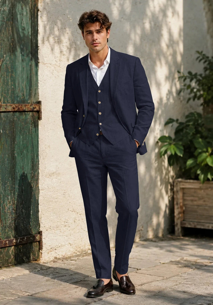 Heren regular-fit driedelig linnen pak met notch-revers en een vijfknoops gilet